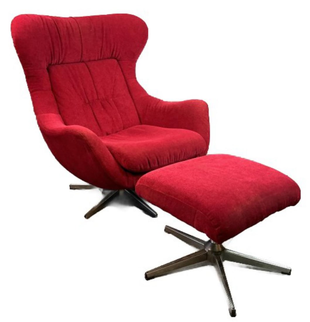 Red Upholstered Swivel Wing Chair with Ottoman (1 of 5)