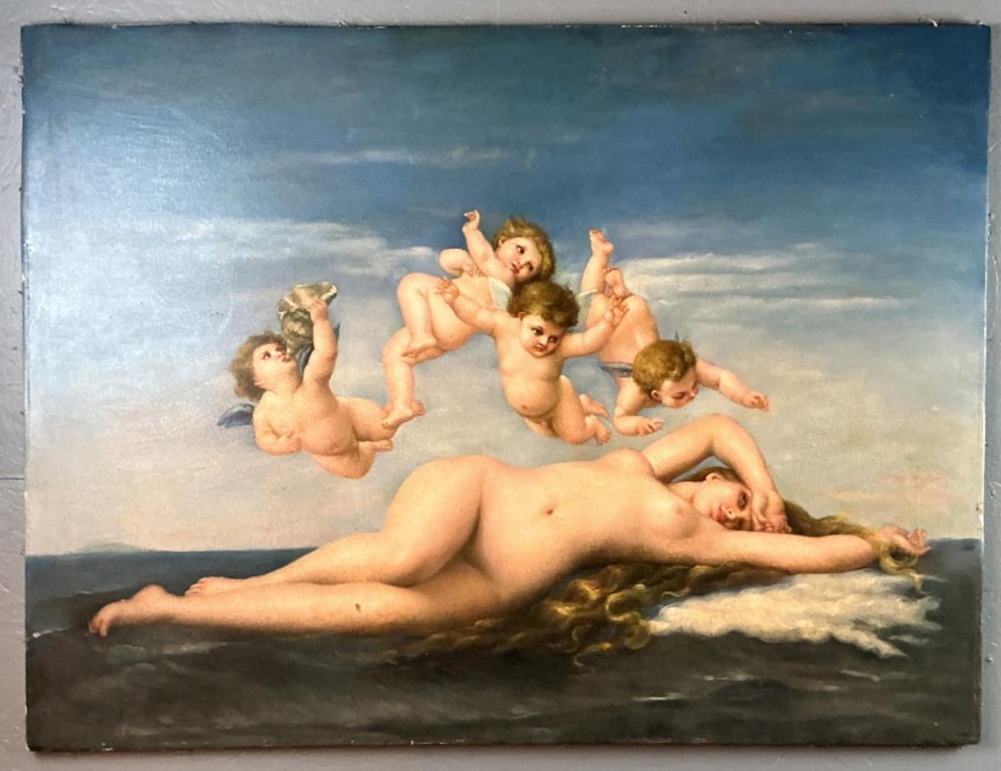 After Cabanel "The Birth of Venus?Oil Painting: After Alexandre Cabanel. Oil on canvas. "The Birth of Venus" Measures 36"h x 48"w. Condition: Some loss to paint, scuffing and scratching.