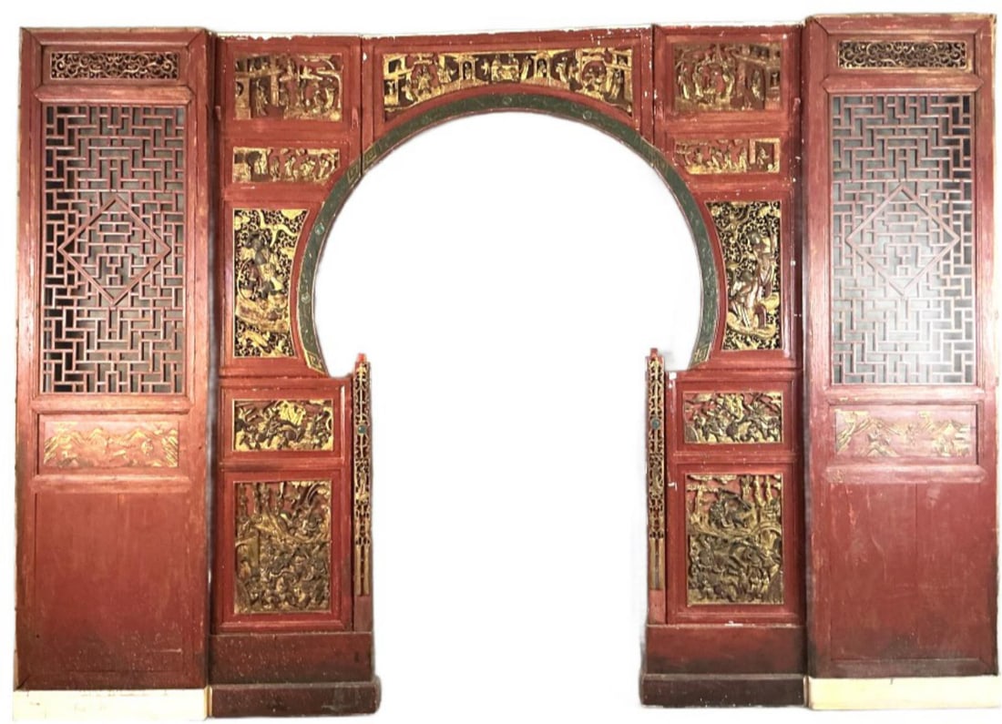 Antique Carved Chinese Entrance: Antique carved Chinese entrance. Provenance: The Marvelous Mrs. Maisel, set piece from The Button Club. Measures 90.5"h x 127.5"w. Condition: Some wear to finish, chipped paint, scratches and scuffs.