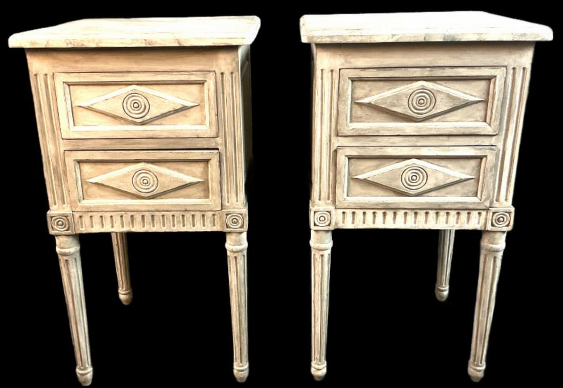 Pair Louis XVI Style Paint Decorated Side Tables: Pair of Louis XVI style paint decorated side tables. Measure 32.25"h x 18.5?w x 18.25?d. Condition: Some scratches and scuffs.