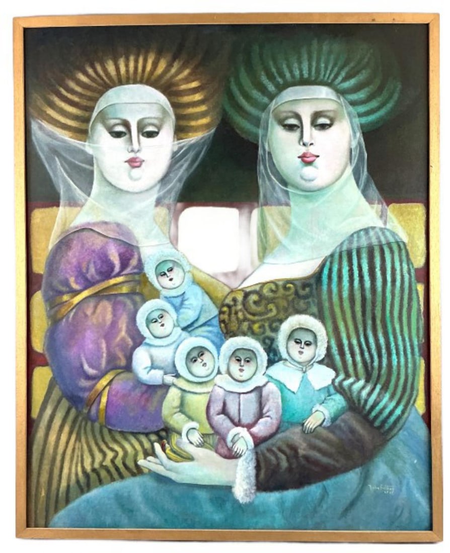 Norha Beltran (Bolivian, b. 1929) Oil Painting: Norha Beltran (Bolivian, b. 1929) oil on canvas painting. Signed and dated lower right, 1989. Inscribed on verso, titled Loveliness. Sight measures 38.75"h x 31"w. Condition: Some scratches and scuffi