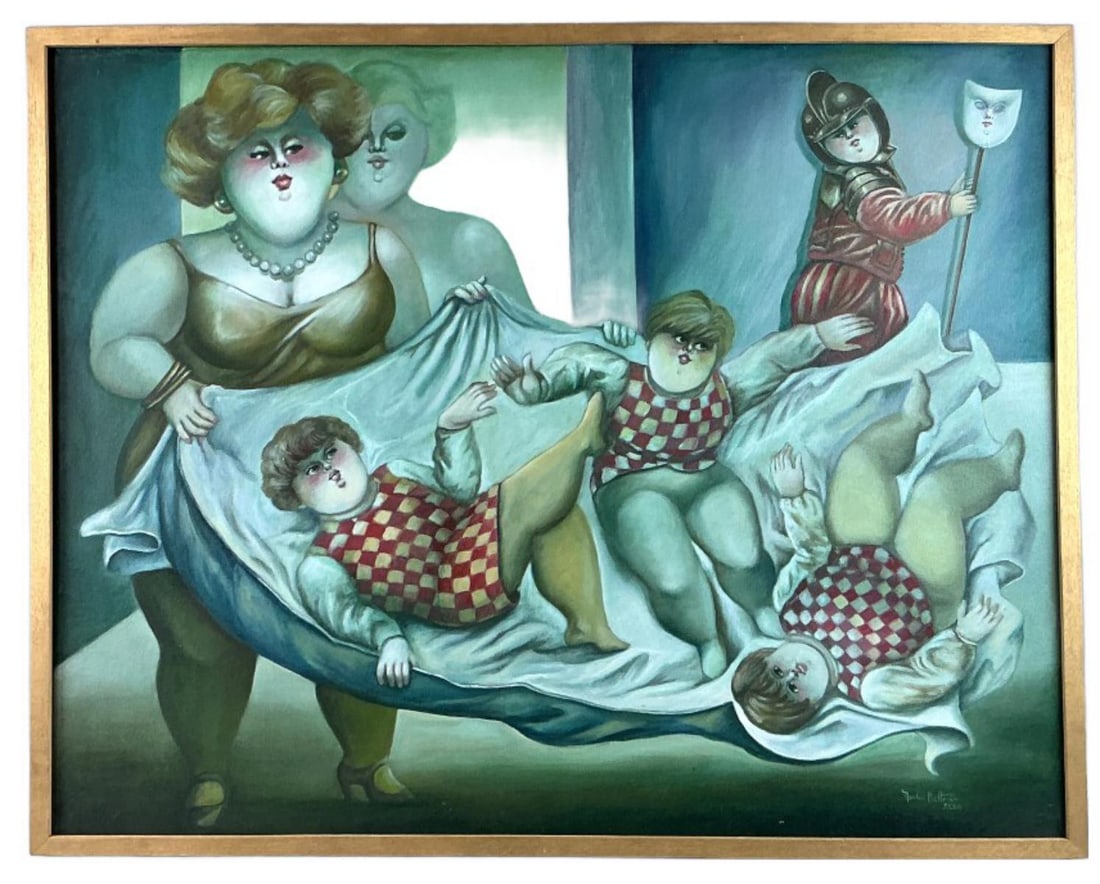 Norha Beltran (Bolivian, b. 1929) Oil Painting: Norha Beltran (Bolivian, b. 1929) oil on canvas painting. Signed and dated lower right, 1988. Mother with children. Sight measures 30.75"h x 39"w. Condition: Some scratches and scuffing.