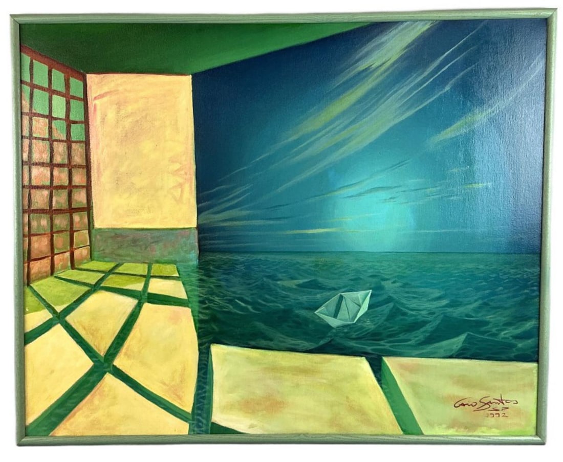 C. Santos (20th Century) Paper Boat Oil Painting (1 of 4)