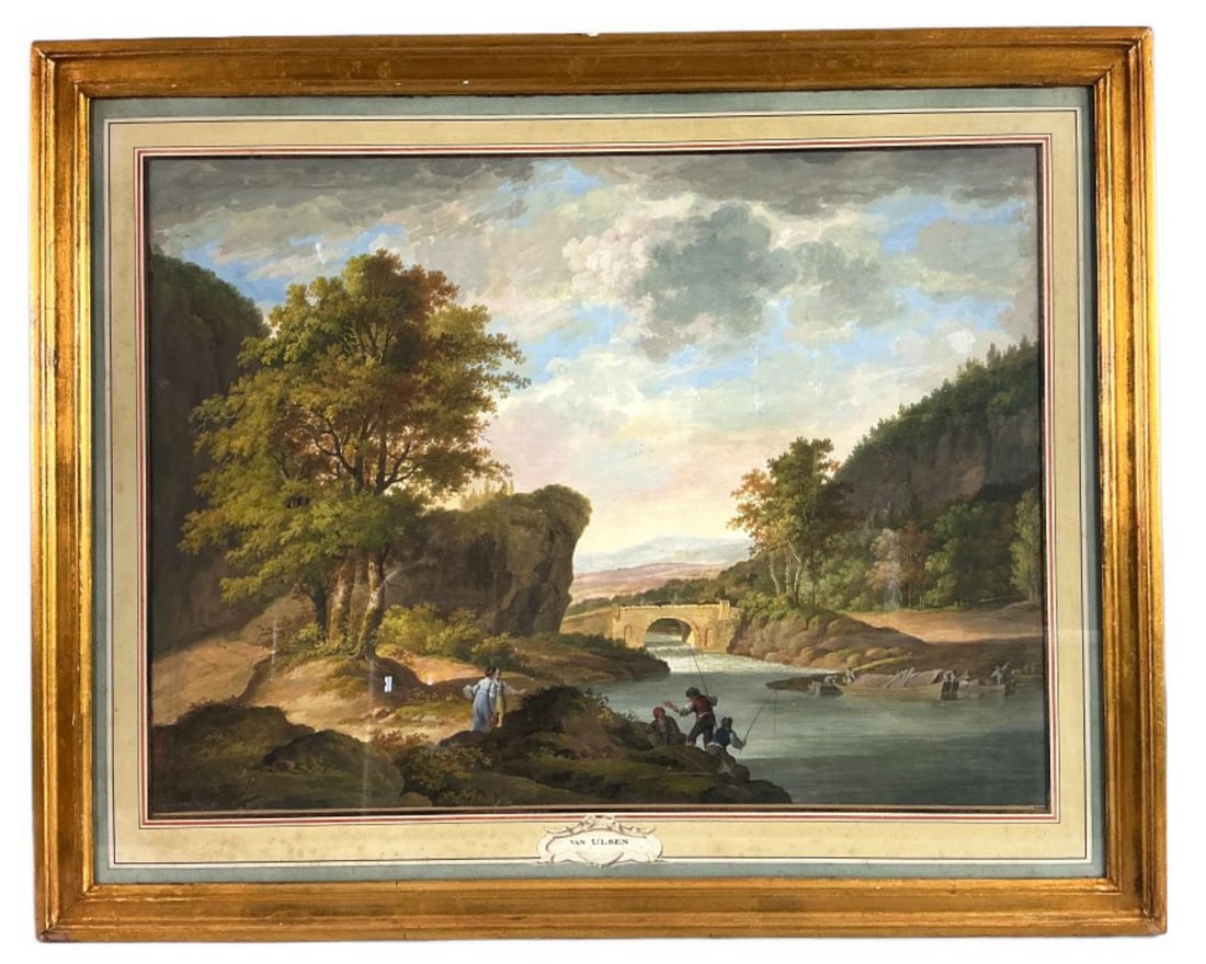 W. G. van Ulsen (1762-1830) Landscape Watercolor: Willem Gerrit Van Ulsen (1762-1830) watercolor painting. Signed and dated lower left, W. G. van Ulsen fecit, 1822. Landscape with figures fishing. Sight measures 20"h x 27"w. Condition: Some marks and