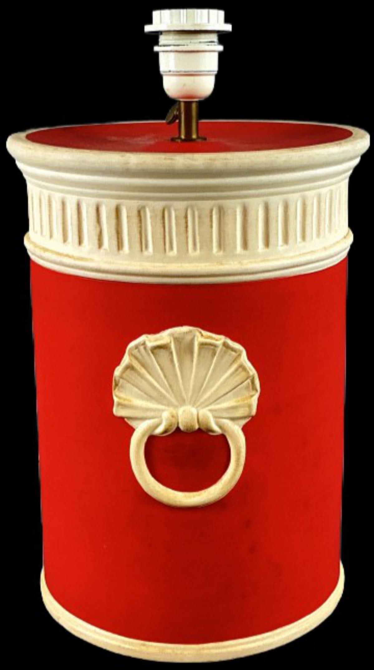 Chaumette Neoclassical Style Ceramic Lamp: Vintage Chaumette Paris Neoclassical style table lamp in red and white. Measures 9.5"dia. x 13.5"h. Condition: Untested. Needs cleaning, some scratches and scuffs.