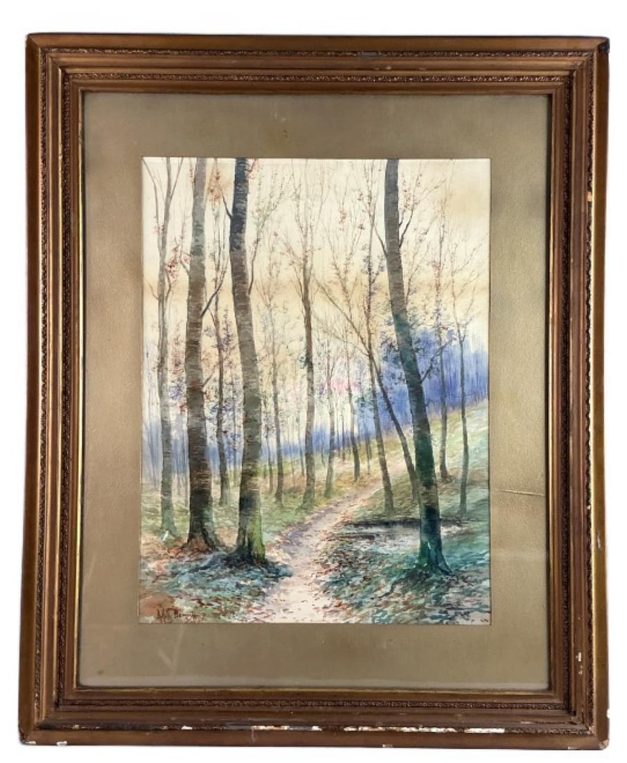 R Hills Bemish (American 20th Cen) Watercolor: Robert Hills Bemish (American, 20th Century) watercolor painting. Signed lower left. Landscape with path through trees. Sight measures 28"h x 21?w. Condition: Some foxing.