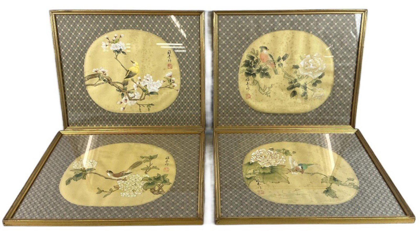 Group of 4 Asian Bird & Flower Silk Paintings (1 of 6)