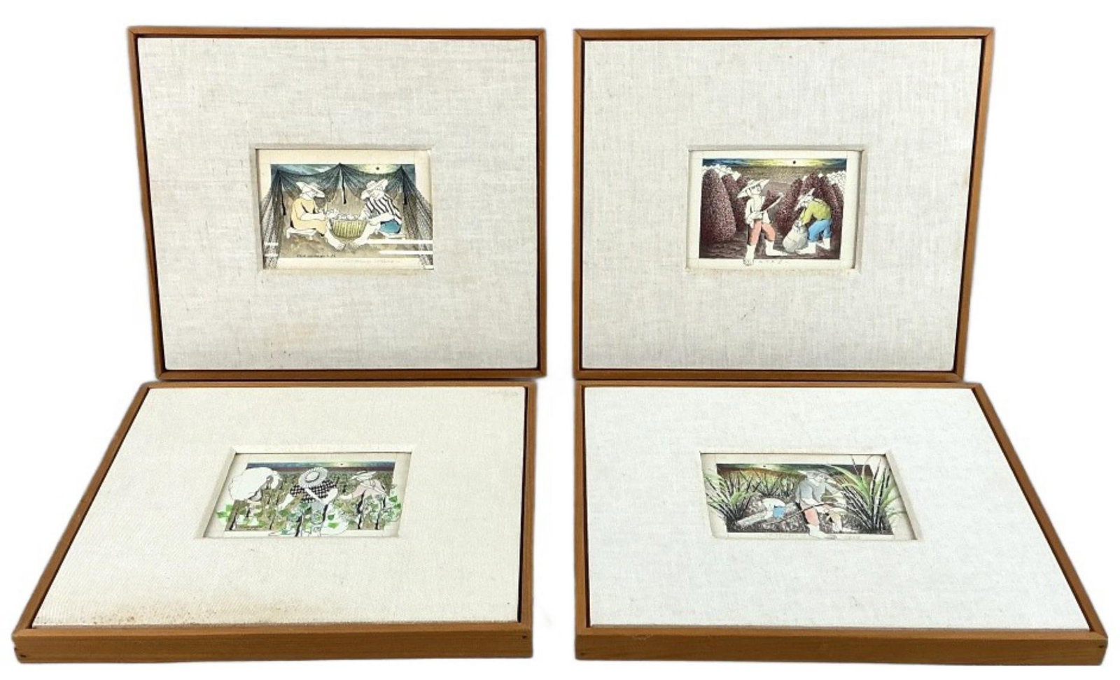 4 Edir Escariao (Brazilian, b. 1948) Paintings: Group of 4 Edir Escariao (Brazilian, b. 1948) mixed media paintings on paper. 3 signed lower left and center. Comprised of Cafe, Cortadores de Cana, Escamadores de Puixo, and workers in a field. Sight
