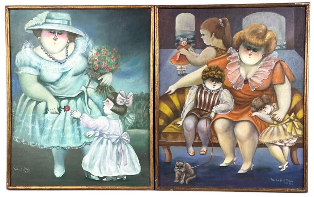 2 Norha Beltran (Bolivian, b. 1929) Oil Paintings: 2 Norha Beltran (Bolivian, b. 1929) oil on canvas paintings. Signed lower left and lower right. Inscribed on the versos. Comprised of Debutante and Q Retrato. Figure scenes, mothers with children. Sig