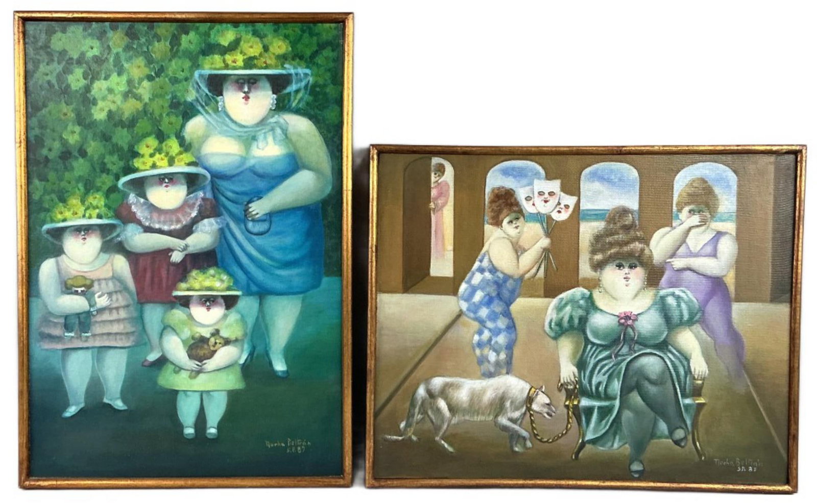 2 Norha Beltran (Bolivian, b. 1929) Oil Paintings: 2 Norha Beltran (Bolivian, b. 1929) oil on canvas paintings. Signed lower right. Inscribed on the versos. Comprised of No Jardim and Surrealist style figure scene. Figure scenes, women and mother with