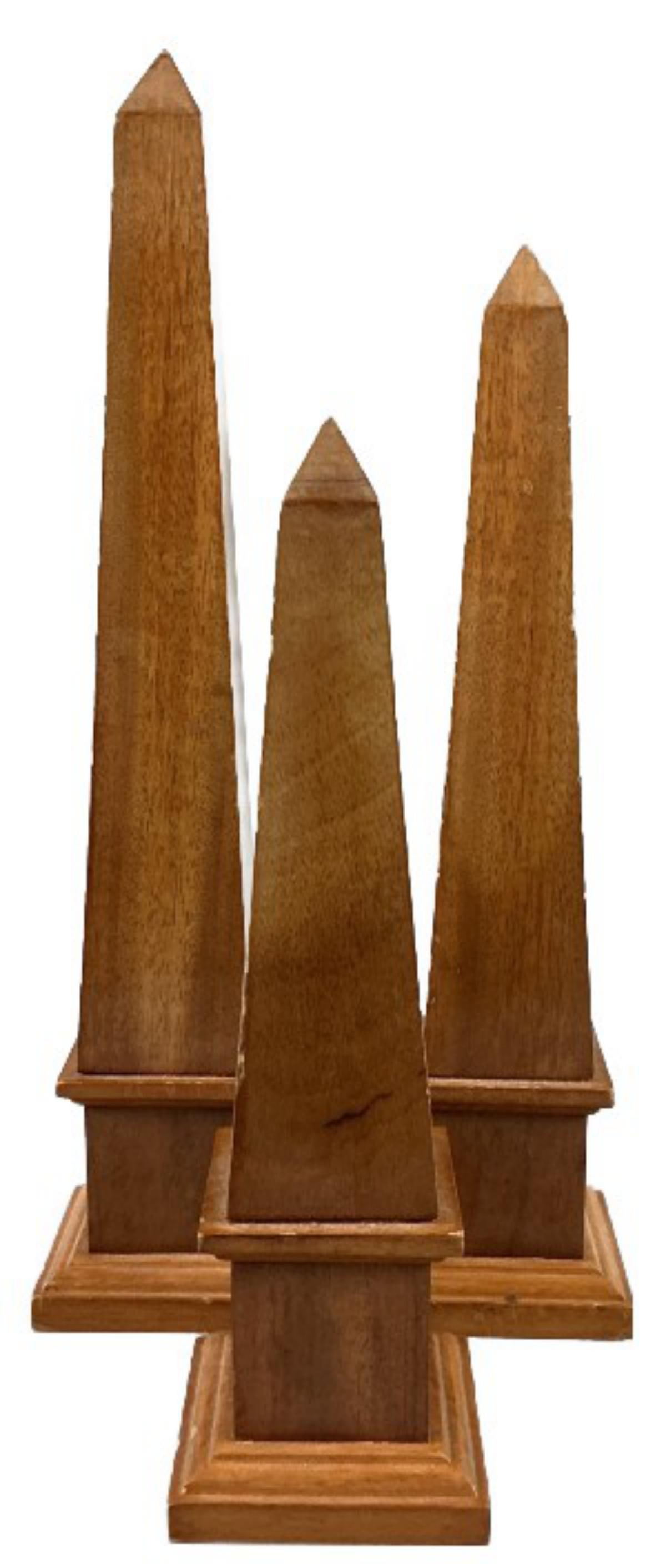Set of 3 Carved Wood Obelisks: Set of 3 carved wood obelisks. Largest measures 3.75"w x 3.75"d x 17.5"h. Condition: Some scratches and nicks to wood.