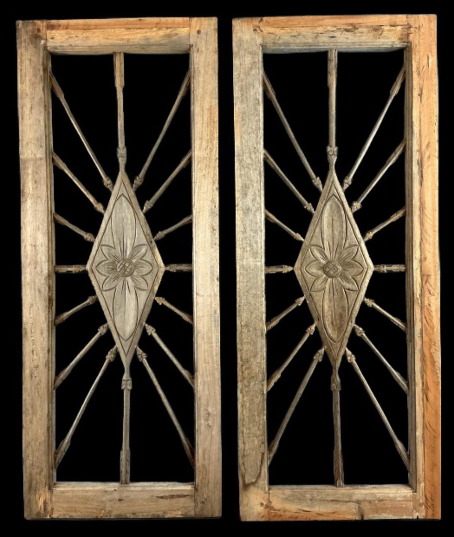 Pair of Carved Wood Transom Panels: Pair of Asian carved wood transom or architectural panels with diamond and flower motif. Measure 39.5"h x 15.5"w. Condition: Wear to surface, scratches and nicks.