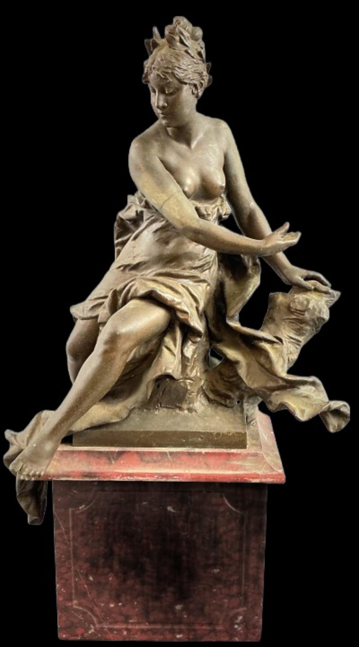 Bormel (German, 1858-1932) Bronzed Sculpture: Eugen Bormel (German, 1858-1932) bronzed spelter sculpture depicting a seated woman with red marble base. Measures 19.5"h x 11"w x 7?d. Condition: Scratches, needs cleaning.