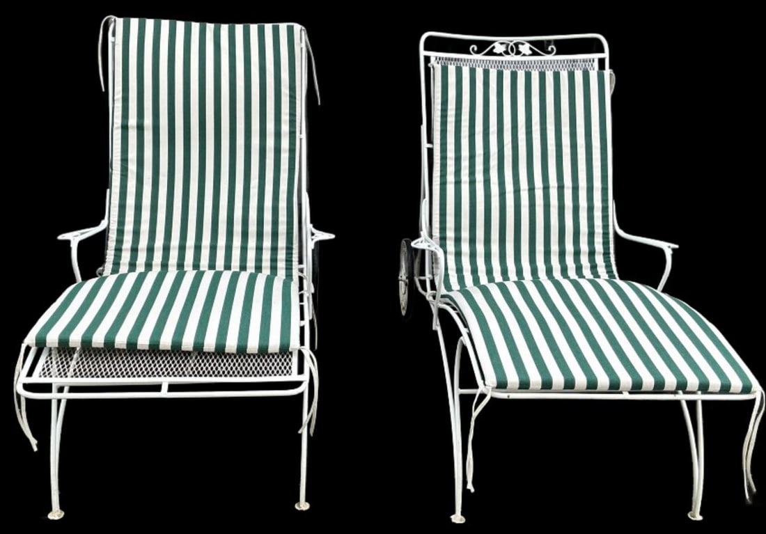 Pair of White Iron Lounge Chairs: Pair of white iron lounge chairs. Measure 43"h x 33.5"w x 65"d. Condition: Needs cleaning.