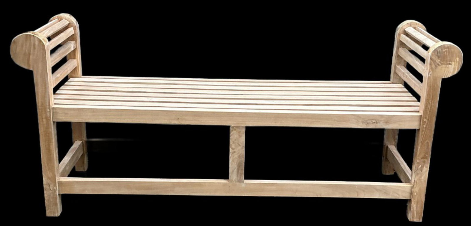 Wood Scroll Arm Bench: Wood bench with scroll arms. Measures 29"h x 64.5?w x 20.5?d. Condition: Minor cracks to wood.