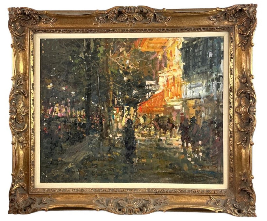 Dino Zampogna (Italian 1926-2016) Oil Painting: Dino Zampogna oil on canvas painting. Signed lower right. Paris street scene. Sight measures 23.25"h x 29.25?w. Condition: Some scratches and scuffs.
