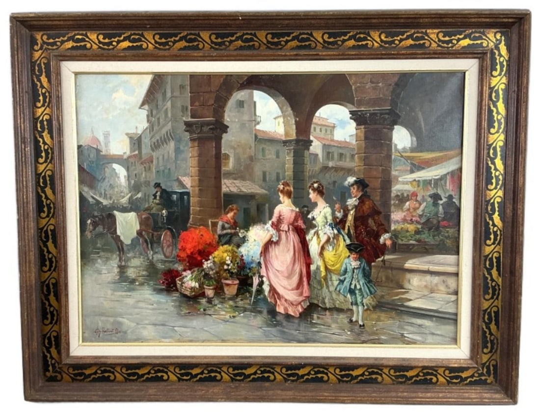 H Alde Flower Market Oil Painting: H. Alde oil on canvas painting. Signed lower left partially legible. Flower market scene. Sight measures 19.5"h x 27.5?w. Condition: Some scratches and scuffs.