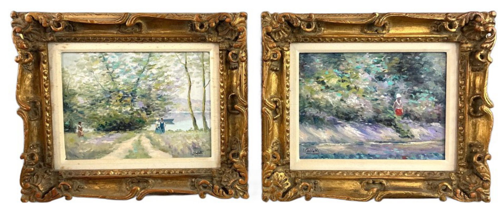 Pair of J Colletti (French b. 1925) Oil Paintings: Pair of J Colletti (French, b. 1925) oil on canvas paintings. Signed lower left and lower right. Impressionist landscape and figure scenes. Sights measure 8.25"h x 11.25"w. Condition: Good.