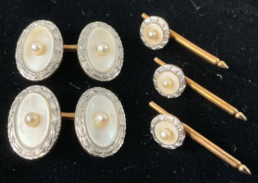 Set of 14k Gold Cufflinks & 3 Tuxedo Shirt Studs: Set of 14k gold cufflinks and 3 tuxedo shirt studs. Yellow gold backing with white gold filigree, mother of pearl and seed pearl fronts. Cufflinks measure .75"l x .5"w. All marked 14k gold and tested.