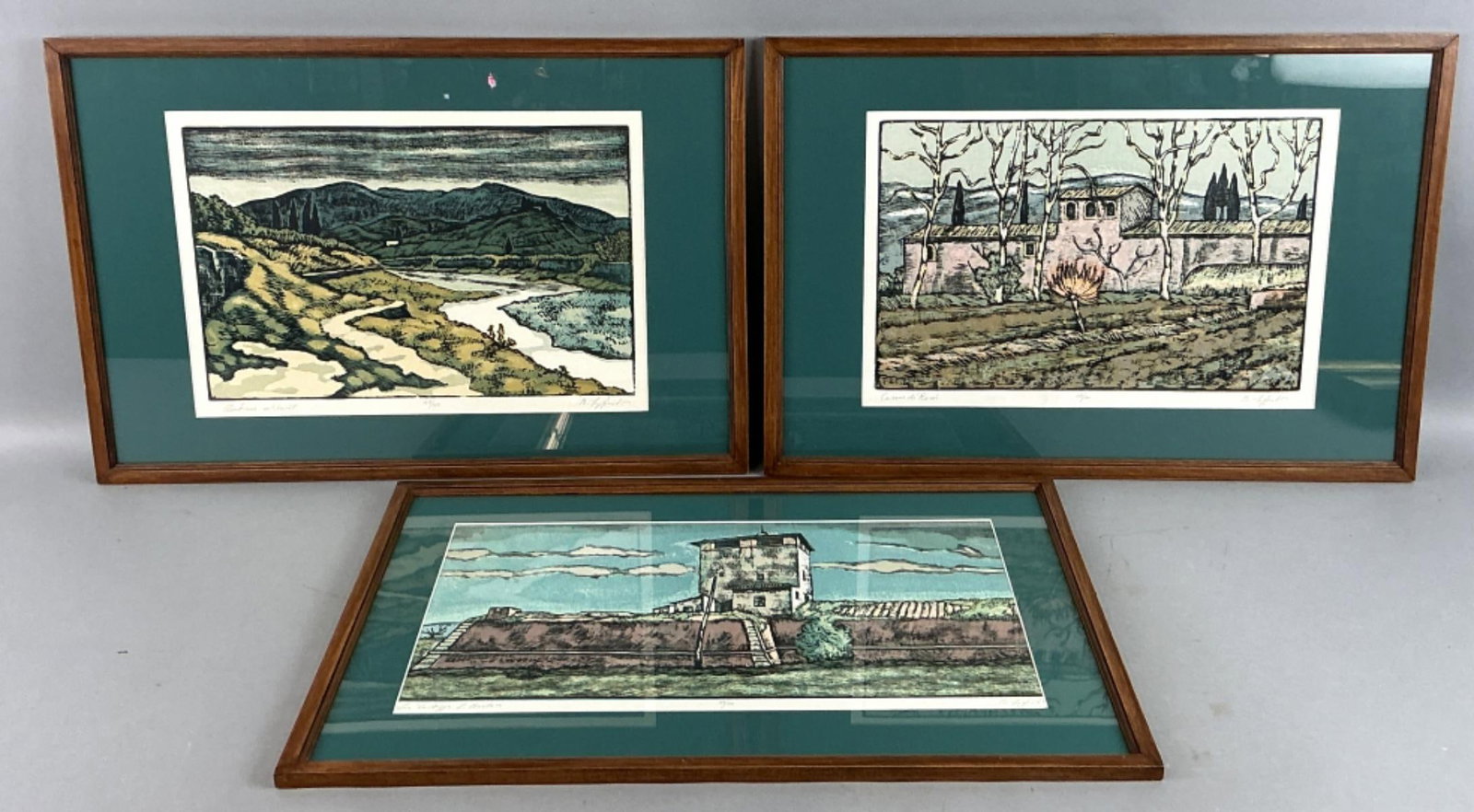 3 Signed Landscape & Architecture Relief Prints: 3 signed relief prints. Signed and titled on margins illegibly. All numbered 49/100. 1 landscape and 2 landscape with architecture scenes. Sight measures 11"h x 16.5?w each. Condition: Good.