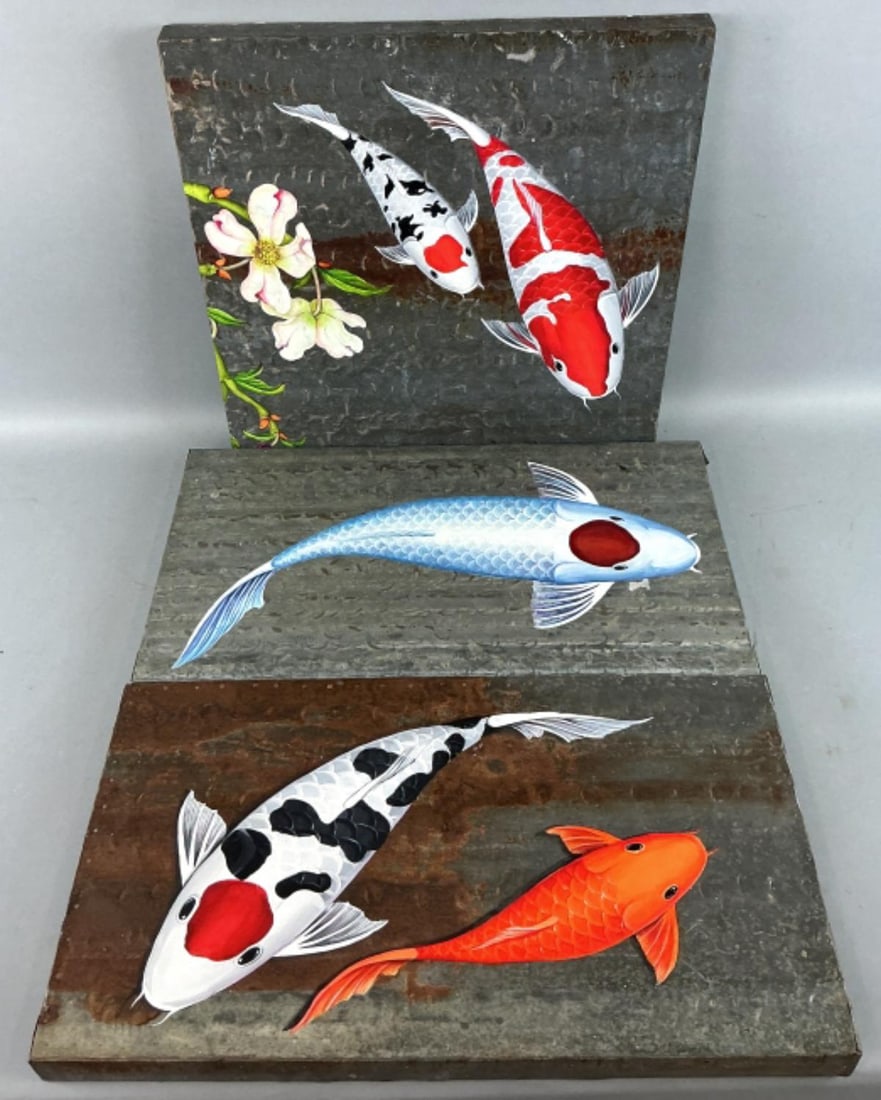3 Koi Fish Acrylic on Metal Paintings: 3 Koi fish acrylic on metal sheet paintings. Square panel measures 19.75"h x 19.75"w. Condition: Some patina, rust, holes on sheets.