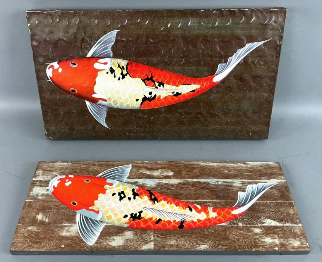 2 Koi Fish Acrylic on Metal & Wood Paintings: 2 Koi fish acrylic on metal sheet and wood panel paintings. Metal sheet panel measures 13"h x 23.5?w. Condition: Some patina, rust, holes on metal.