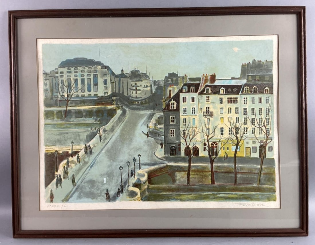 Roger Forissier (French b. 1924) City Street Litho: Roger Forissier (French, 1924-2003) color lithograph. Signed and numbered on the margin, XXXXV/L. City Street. Paris street scene. Sight measures 19.75"h x 27.5?w. Condition: Some foxing.