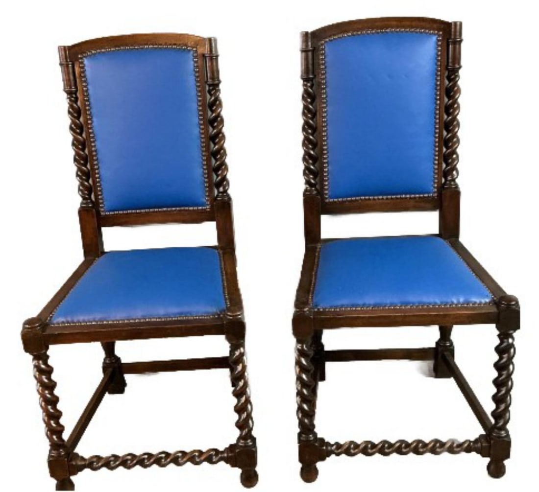 Pair of Barley Twist Blue Faux Leather Chairs (1 of 5)