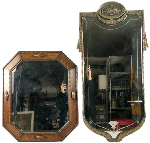 2 Nurre Art Deco & Edwardian Style Mirrors: 2 Edwardian and Art Deco style wall mirrors. Comprised of: A carved wood frame mirror with bead pattern A Nurre Maestro mirror with ornate paint decorated frame and top crest. Larger mirror measures 3