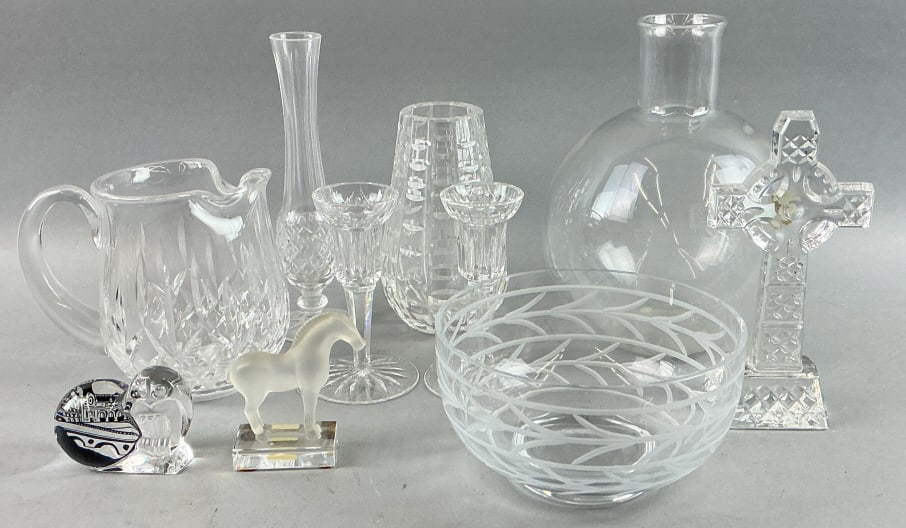 Grouping of Baccarat, Waterford, Tiffany Crystal: Grouping of crystal articles. Comprised of: 1 Tiffany & Co Wheat Leaf bowl. 1 Baccarat bulb vase and 1 Baccarat Musee D?Orsay owl figurine. 1 Lalique frosted horse figurine. 6 Waterford cross figurine
