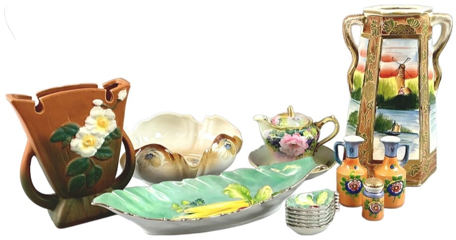 Grouping of Nippon & Other Articles: Grouping of Nippon porcelain and other articles. Comprised of: 1 Noritake serving dish with 6 matching condiment dishes. 1 Nippon creamer with a matching plate. 1 Miyako vase. 3 matching Japanese oil 