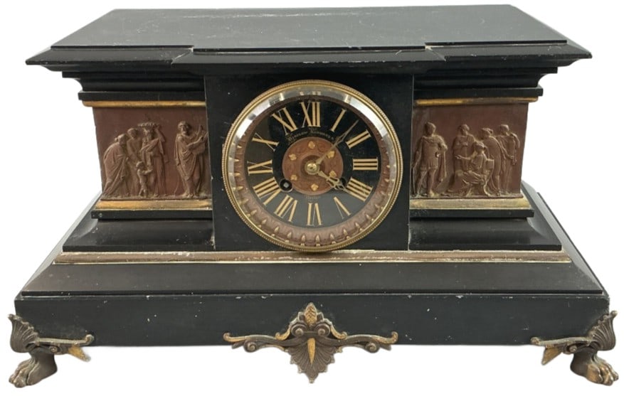 Bigelow Kennard Slate & Bronze Mantel Clock: 19th Century Bigelow, Kennard & Co black slate and bronze mounted mantel clock. Measures 9"h x 17"w x 8.5"d. Condition: Untested. Some scratches, small chips, and marks.