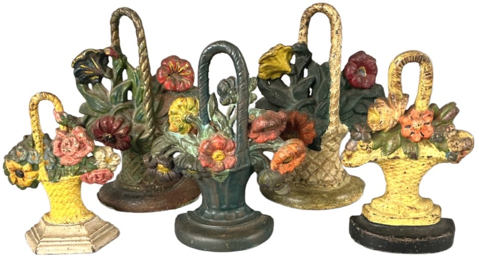 Group of 5 Cast Iron Flower Basket Doorstops (1 of 5)