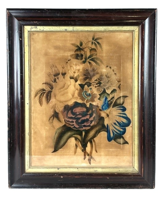 American Folk Art Theorem Painting: American folk art theorem painting. Still life with flowers. Sight measures 16"h x 12.5"w. Condition: Discoloration. Wear to frame.