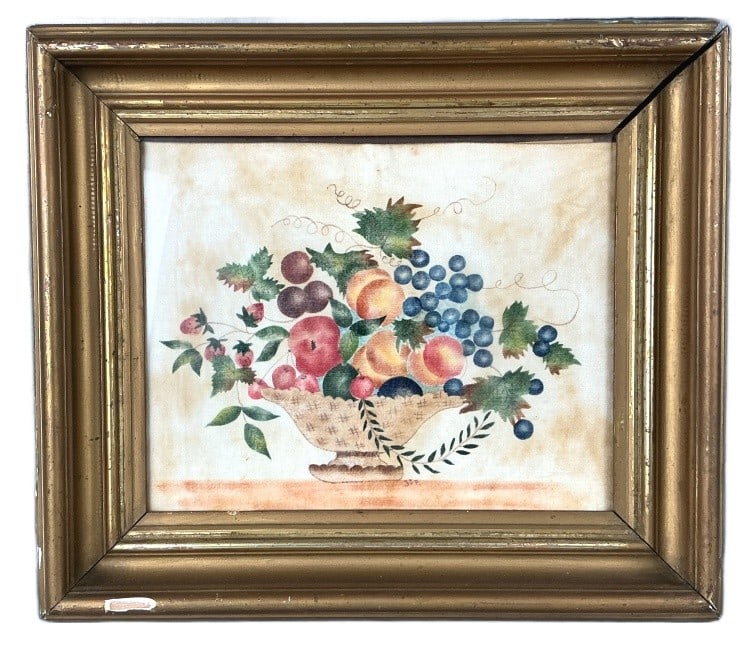 American Folk Art Theorem Painting: American folk art theorem painting. Signed JJF lower center. Still life with bowl of fruit. Sight measures 12.25"h x 15.25"w. Condition: Discoloration. Wear to frame, corner needs repair.
