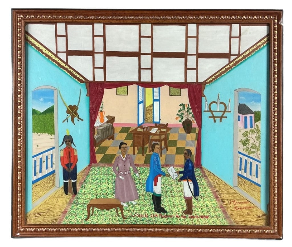 F. Cherizard (Haitian, 20th C) Christophe Painting: Freddy Cherizard (Haitian, 20th Century) painting on Masonite. Signed lower right. Inscribed lower center, "La Remise D?Un Message Au Roi Christophe (Delivery of a message to King Christophe.) Histori