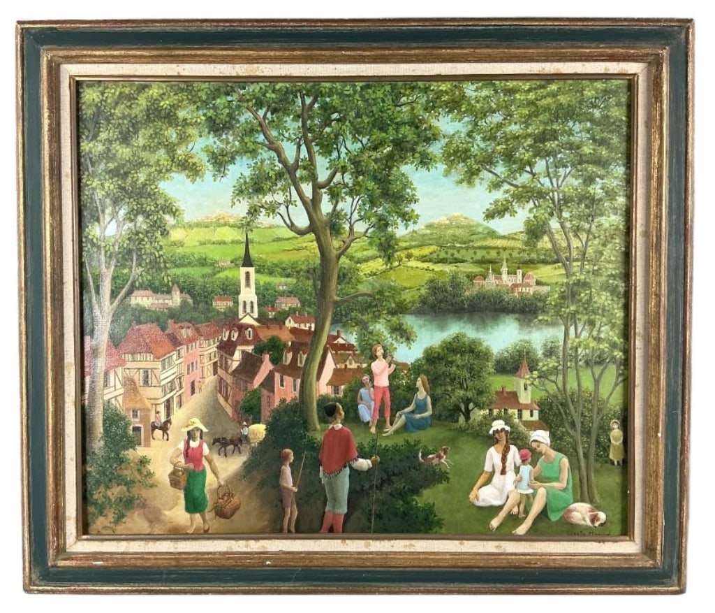 Sophie Strouve (French, 20th C) Oil Painting: Sophie Strouve (French, 20th Century) oil on canvas painting. Signed lower right. Signed and titled on the verso "Le Printemps" (Spring). Village scene. Sight measures 20.5"h x 24.5"w. Condition: Some