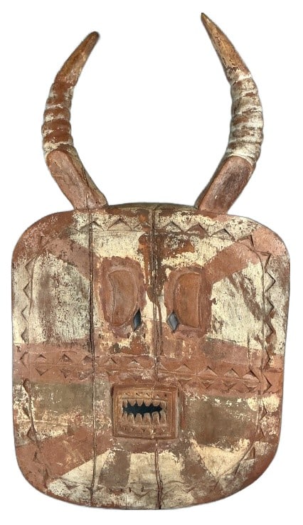 Tribal Hand Carved Wood Animal Mask: Tribal hand carved wood animal mask. Paint decorated. Measures 29.5"h x 17.5"w. Condition: Loss to paint, cracks to wood.