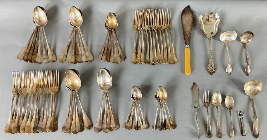 Grouping of Antique & Vintage Silver Plate Cutlery: Grouping of assorted antique and vintage silver plate cutlery. Comprised of: Set of 31 pieces forks and spoons, hallmarked illegibly. Set of 31 pieces forks and spoons, hallmarked L. Auzolle. 10 piece