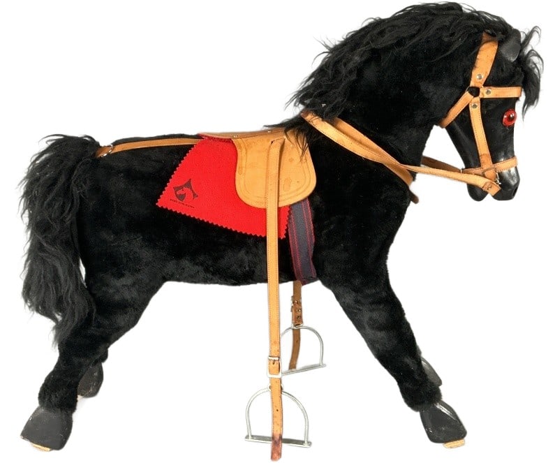 Vintage Meier Spielwaren Rocking Horse: Vintage Meier Spielwaren rocking horse. Measures 23"h x 28"l x 6.5"w. Condition: Missing base. Scratches to wood, rubbing and matting to hair.