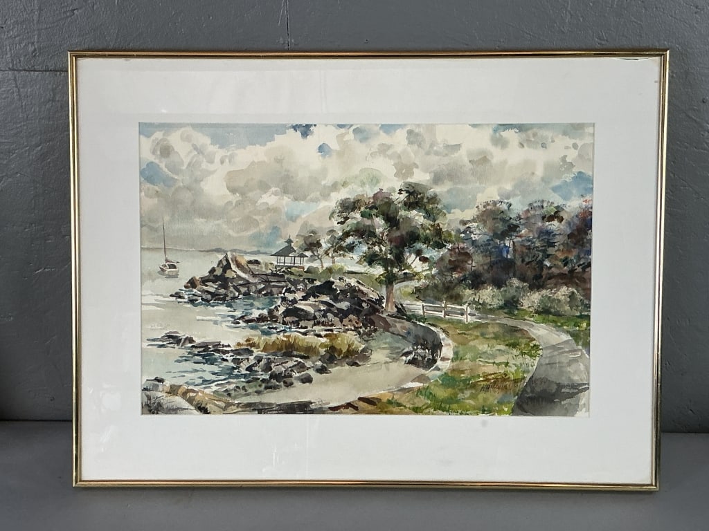 Harley Griffin Landscape Watercolor Painting: Watercolor painting. Signed lower right, partially legible, Harley M Griffin or Griffiths. Landscape with view of water. Sight measures 14"h x 21.5"w. Condition: Good. Frame glass cracked.