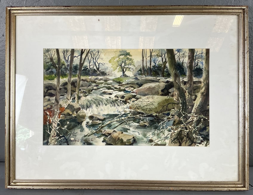 Harley Griffin Landscape Watercolor Painting: Watercolor painting. Signed lower left, partially legible, Harley M Griffin or Griffiths. Landscape with view of water. Sight measures 11.5"h x 20"w. Condition: Good.
