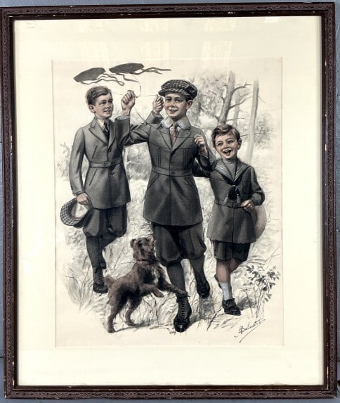 Balastro Three Boys Watercolor Painting: Balastro watercolor painting. Signed lower right. Three boys flying kites with dog. Sight measures 21.75"h x 17.5"w. Condition: Good. Some wear to frame.