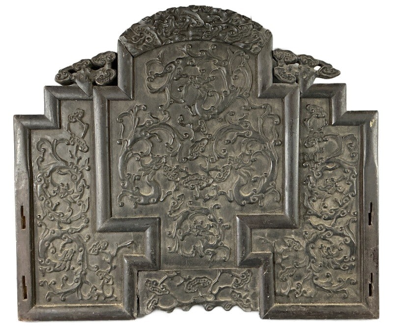 Antique Chinese Wood Throne Chair Back: Antique Chinese throne chair back panel. Carved wood. Measures 23"h x 26.5"w. Condition: Needs cleaning, some cracked wood, scratches and nicks. Loose pieces.