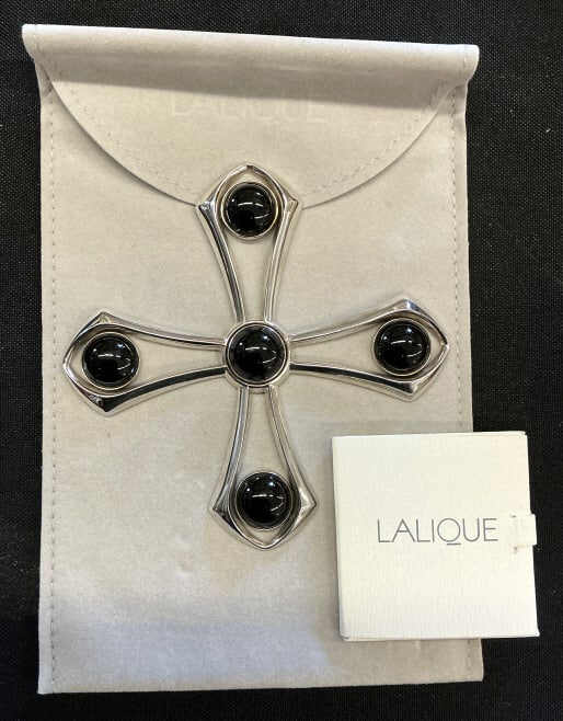 Lalique Sterling Silver Crystal Osmose Pendant: Lalique sterling silver Osmose pendant with black crystals. Signed, marked sterling. Includes box. Weight: 1.75 Troy ounces (gross). Measures 4"h x 4"w. Condition: Good, some scratches.