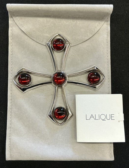 Lalique Sterling Silver Crystal Osmose Pendant: Lalique sterling silver Osmose pendant with red crystals. Signed, marked sterling. Includes box. Weight: 1.92 Troy ounces (gross). Measures 4"h x 4"w. Condition: Good, some scratches.