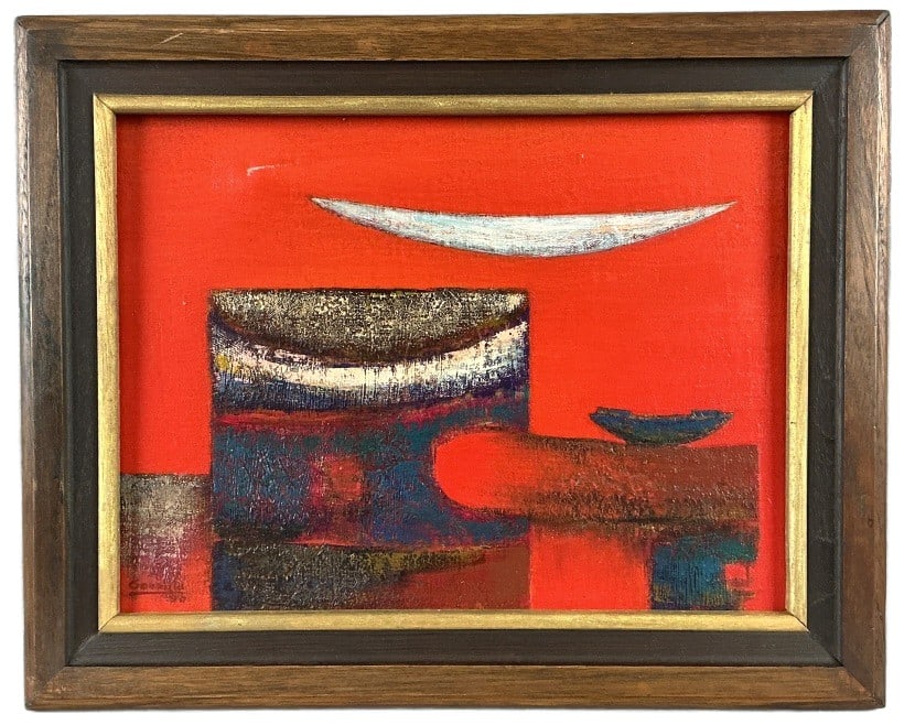 Gonzalo Ribero (Bolivian b. 1942) Oil Painting: Gonzalo Ribero (Bolivian, b. 1942) oil on canvas painting. Signed lower left. Signed and titled on the verso "Elevacion". Sight measures 11.25"h x 15"w. Condition: Indent to canvas, some paint loss. N