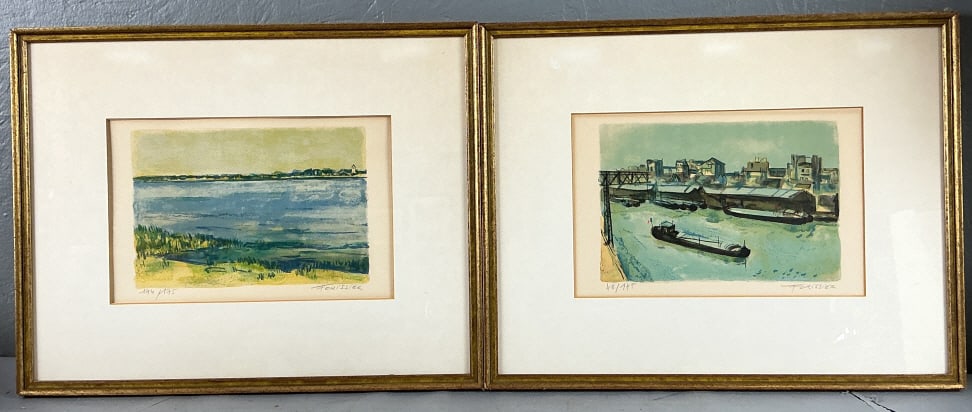 2 Roger Forissier (French, 1924-2003) Lithographs: 2 Roger Forissier (French, 1924-2003) color lithographs. Signed and numbered on the margins. Landscape with view of water (104/175). Boat on water with view of city (42/175). Sights measure 7.5"h x 11