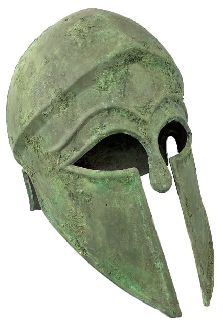 Corinthian Spartan Style Verdigris Patina Helmet: Corinthian or Spartan style metal helmet with verdigris patina finish. Measures 11"h x 7"w x 10.25"d. Condition: Some scratches. Aged finish.