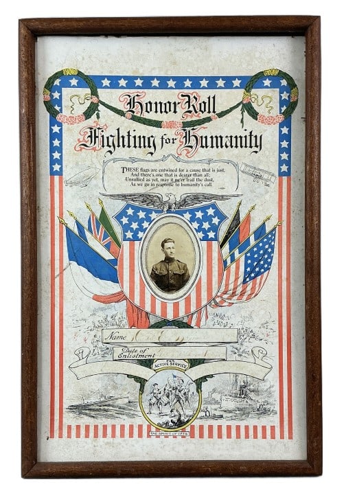 World War I Honor Roll Poster with Portrait: World War I poster. Honor Roll, Fighting for Humanity. Lithograph with portrait. Inscriptions illegible Sight measures 21.5"h x 13.5"w. Condition: Foxing and marks.